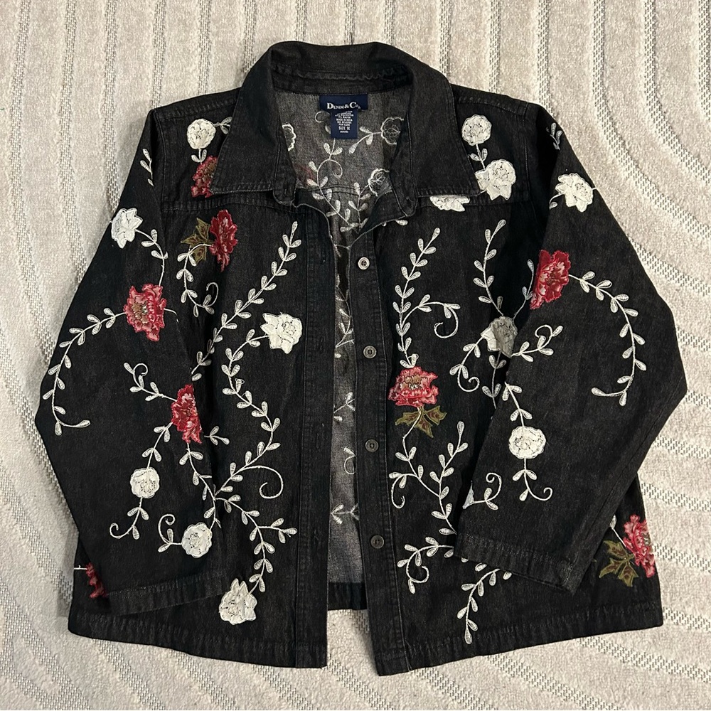 Denim & Co. Boho Black Denim Floral Embroidered Jean Jacket - Size 1X